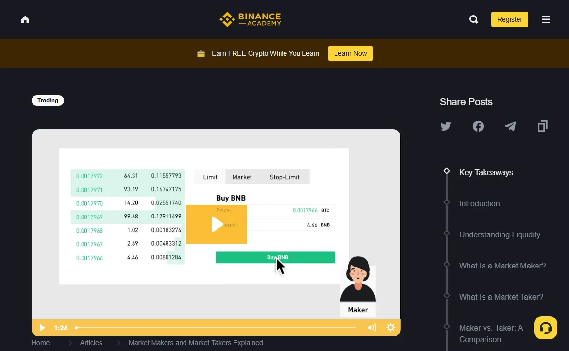 Page publique de Binance Academy sur les teneurs et preneurs de marché : un carnet d&rsquo;ordres à gauche et un ticket d&rsquo;achat à droite avec les onglets Limit, Market et Stop-Limit