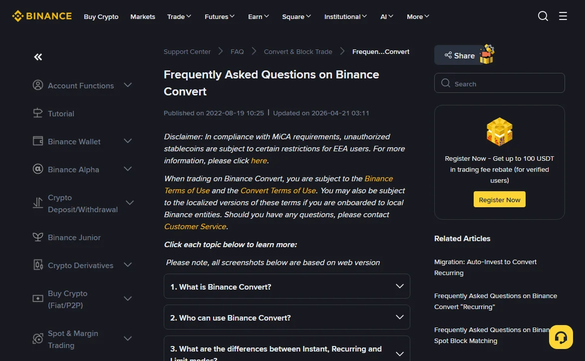Ukurasa wa msaada wa Binance kuhusu Convert, kwa Kiingereza, ukionyesha tarehe ya kuchapishwa 2022-08-19 na ya kusasishwa 2026-04-21, na orodha ya maswali ikiwemo tofauti kati ya hali za Instant, Recurring na Limit