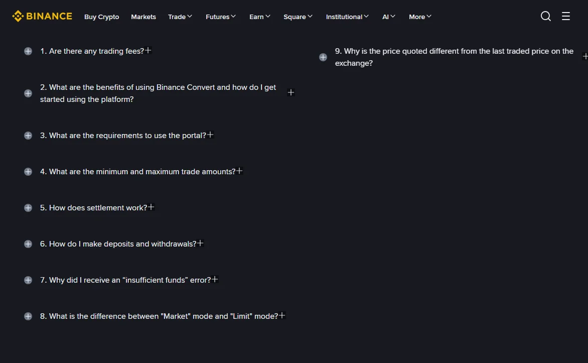 Binance Convert FAQ question list in English, including question 1, Are there any trading fees, and question 9, Why is the price quoted different from the last traded price on the exchange