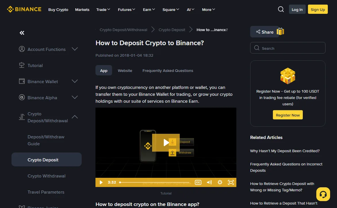 Binance's public Crypto Deposit help page, showing the deposit tutorial and a Related Articles column listing entries on deposits that have not been credited, incorrect deposits and retrieving a deposit sent with a wrong or missing tag or memo