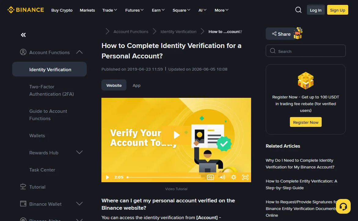 Binance's public help article How to Complete Identity Verification for a Personal Account, showing the Identity Verification section of the help centre with website and app tabs and a list of related verification articles
