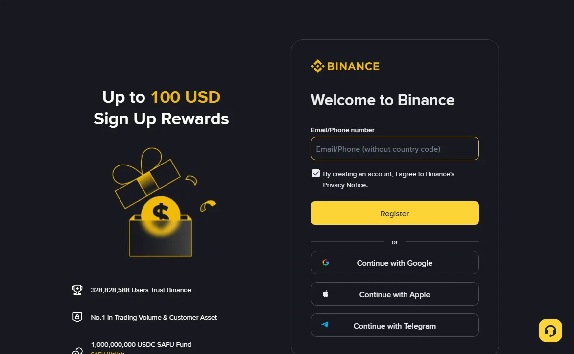 Binance's public registration page showing the email or phone field, the privacy notice checkbox, the Register button, and sign-in options for Google, Apple and Telegram