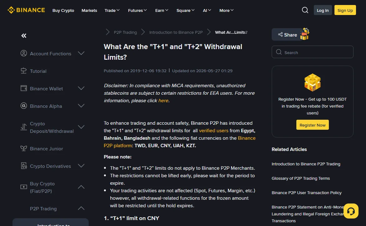 Binance help article on T+1 and T+2 withdrawal limits, stating that the restrictions apply to verified users in named countries and fiat currencies, that they do not apply to P2P merchants, and that the restrictions cannot be lifted early and the period must be allowed to expire