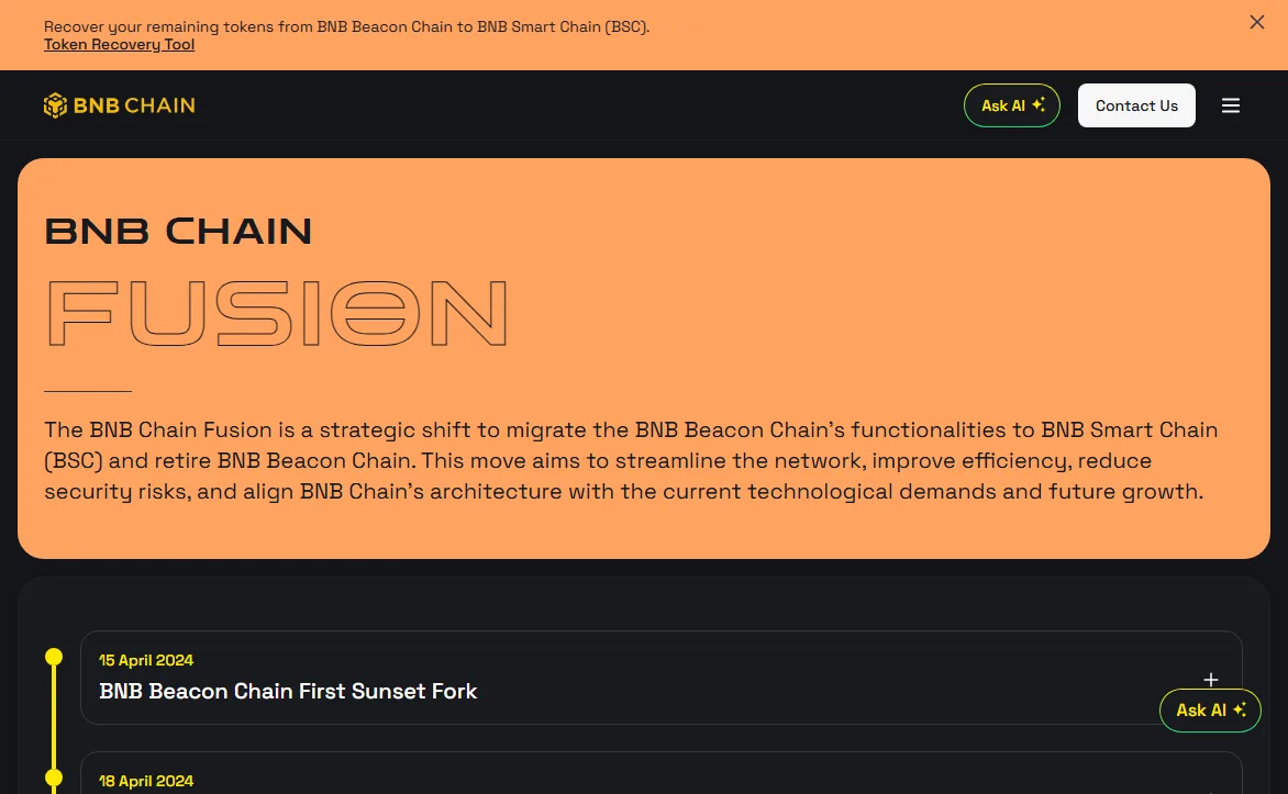 BNB Chain's Fusion page, headed BNB CHAIN FUSION, describing the migration of BNB Beacon Chain functionality to BNB Smart Chain and the retirement of Beacon Chain, with a banner linking to the token recovery tool and a timeline beginning at the first sunset fork